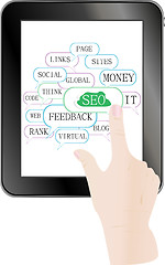 Image showing tablet pc with cloud and tags on social engine optimization