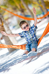 Image showing Happy boy sitting in hammock