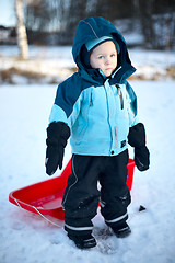 Image showing Boy with sledge