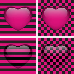 Image showing Set of Four Glossy Emo Hearts. Pink and Black Chess and Stripes