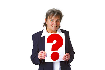 Image showing Female senior holding question mark