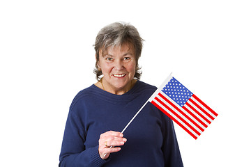 Image showing Female senior with amercan flag