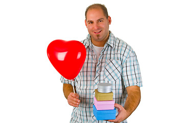 Image showing Young man with red ballon and gift box