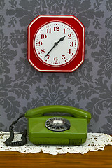 Image showing Retro telephone and Kitchen clock