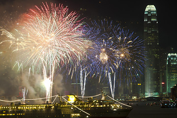 Image showing Hong Kong Chinese New Year fireworks along Victoria Harbour