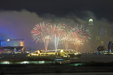 Image showing Hong Kong Chinese New Year fireworks along Victoria Harbour