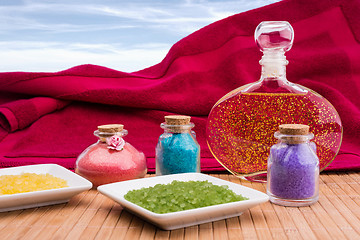 Image showing Bath salt and essential oil.