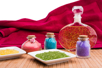 Image showing Bath salt and essential oil.