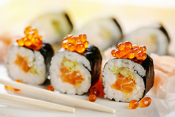 Image showing sushi with salmon and caviar