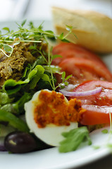 Image showing Fresh salad with lettuce, tomatoes, eggs and tuna fish