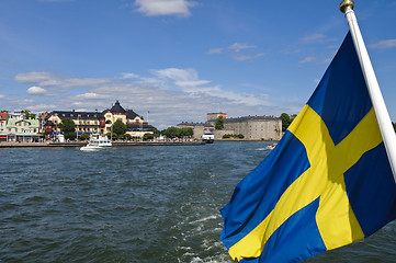 Image showing Vaxholm fortress and Swedish flag, Stockholm archipelago, Sweden