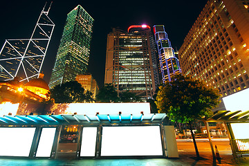 Image showing Blank billboard on bus stop at night 