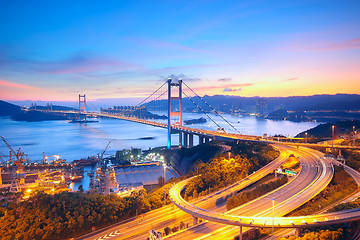 Image showing Sunset at Tsing Ma Bridge 