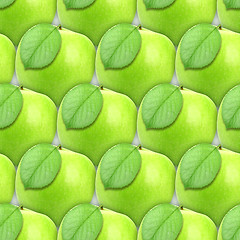 Image showing Seamless pattern of green apples with leaf