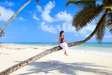 Image showing Young lady sitting on palm tree