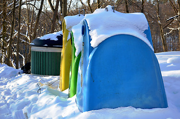 Image showing Waste sort containers covered with snow in winter 