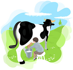 Image showing A boy milking a cow