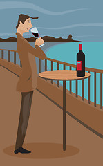 Image showing An illustration of a man sipping wine on a deck.