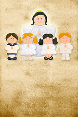 Image showing first communion card vertical, angel with a group of children