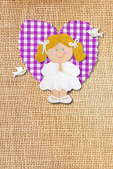 Image showing First Holy Communion Invitation Card, rustic style, funny blond girl