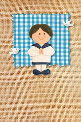 Image showing First Holy Communion Invitation Card, rustic style, funny brunette boy
