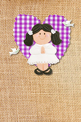 Image showing First Holy Communion Invitation Card, rustic style, funny brunette girl