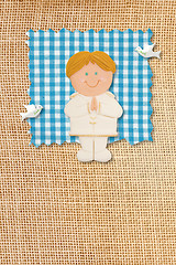 Image showing First Holy Communion Invitation Card, rustic style, funny blonde boy