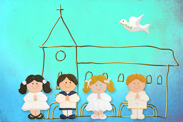 Image showing child jolly card first communion, church and group of children