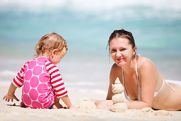 Image showing Mother and daughter making sand castle