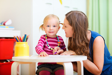 Image showing Mother and daughter drawing together