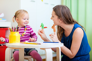 Image showing Mother and daughter playing with finger toys