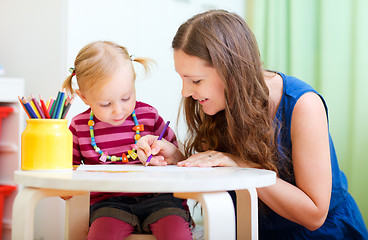 Image showing Mother and daughter drawing together