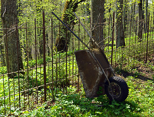 Image showing Old rusty garden tool wheelbarrow metal fence 