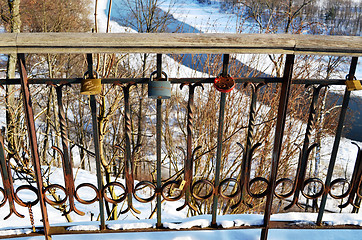 Image showing Panorama rail bridal locks symbol of marriage hang 