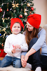 Image showing Mother and son celebrating Christmas