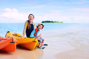 Image showing Mother and son after kayaking 
