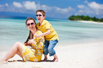 Image showing Mother and son at beach