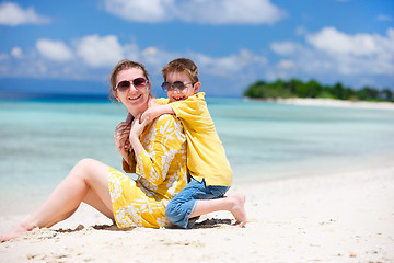 Image showing Mother and son at beach