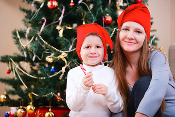 Image showing Mother and son celebrating Christmas