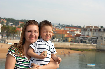 Image showing Happy mother and son at European destination