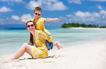 Image showing Mother and son at beach