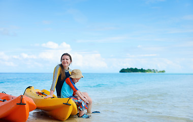 Image showing Mother and son after kayaking 
