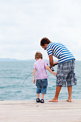 Image showing Father and son fishing from jetty