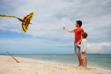 Image showing Dad and son flying kite