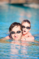 Image showing Father and son in swimming pool