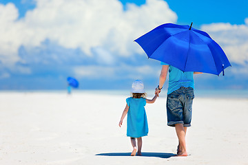 Image showing Father and daughter walking at beach
