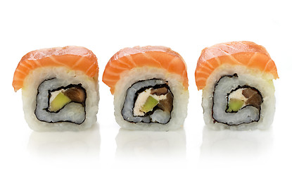 Image showing three fresh sushi with salmon and avocado