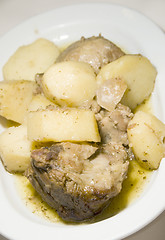 Image showing Greek food lamb lemon sauce with potatoes