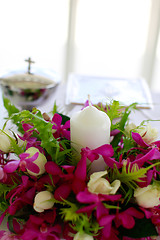 Image showing Candle burning inside a church.