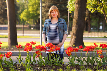 Image showing Pregnant woman standing near flowerbed